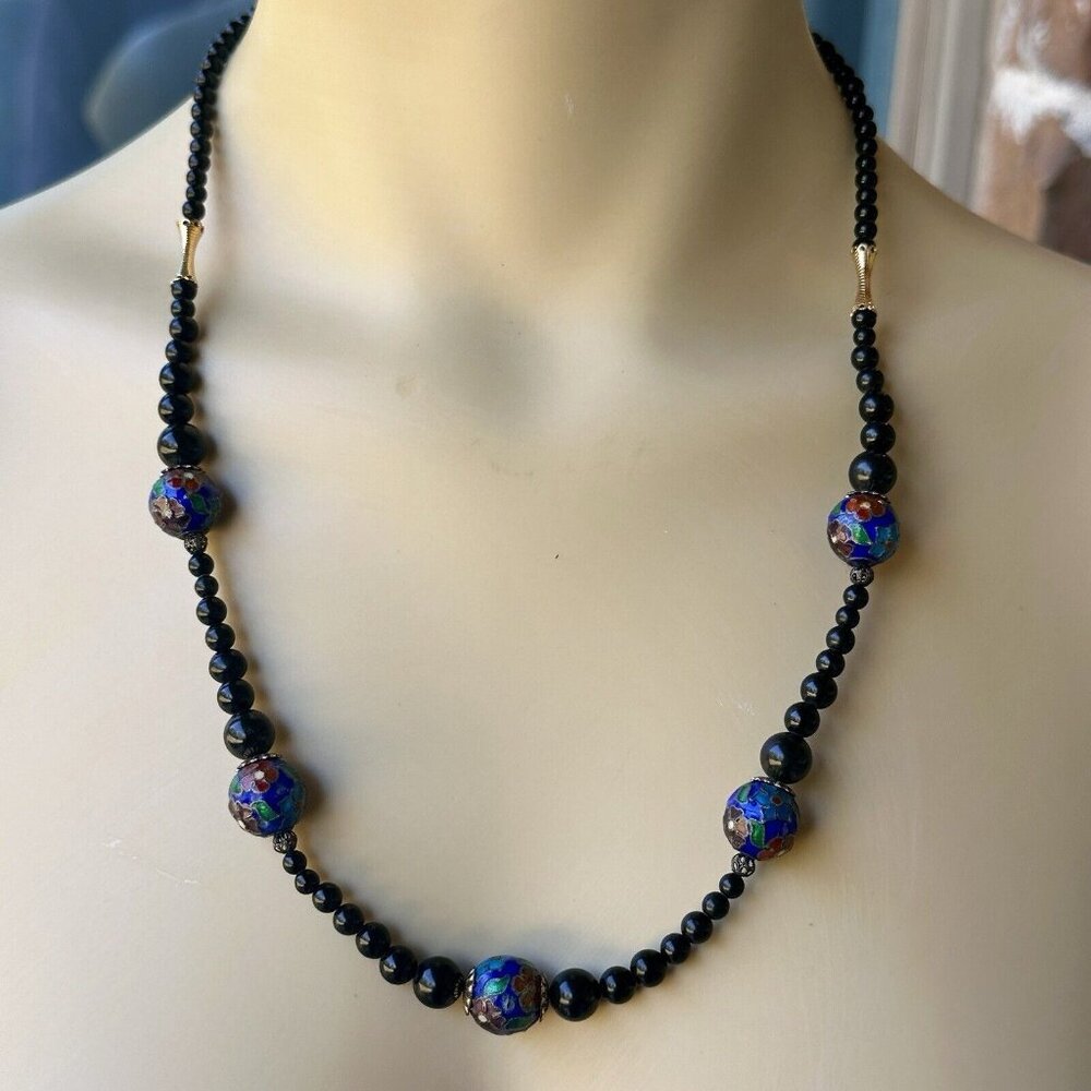 Vintage Beaded Necklace 21 Inch Chinese‎ Cloisonne Art Glass Blue Floral Gold